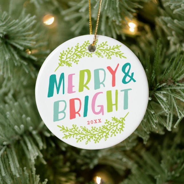 Ornamento De Cerâmica Merry and Bright Keepsake Photo Ornament (Árvore)