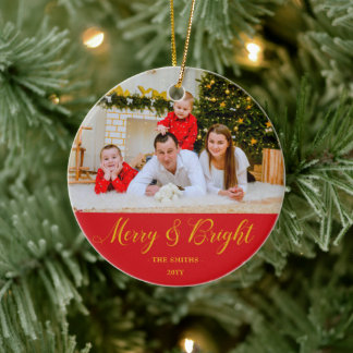Ornamento De Cerâmica Merry & Bright Custom Photo & Name