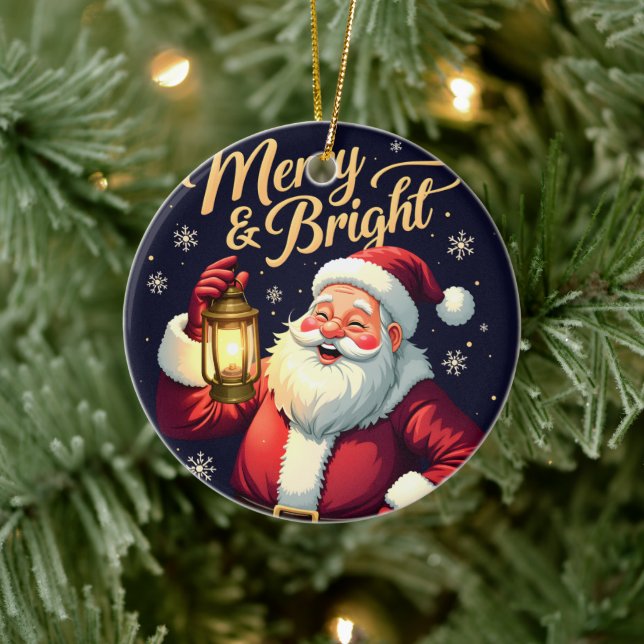 Ornamento De Cerâmica Merry Bright Santa Holding Lantern Illustration (Árvore)