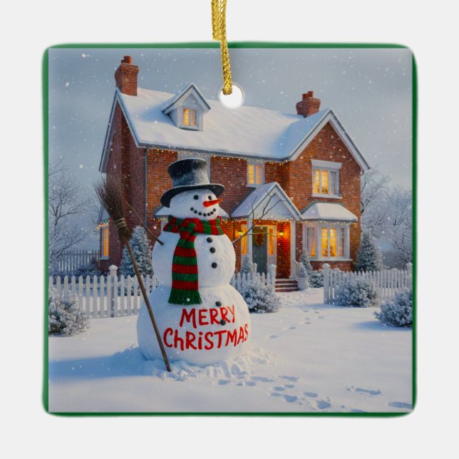 ORNAMENTO DE CERÂMICA MERRY CHRISTMAS BIG SNOWMAN WINTER SCENE (Frente)