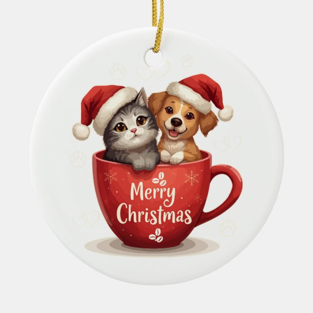 Ornamento De Cerâmica Merry Christmas Cat and Dog in Mug, Cute Pet (Frente)