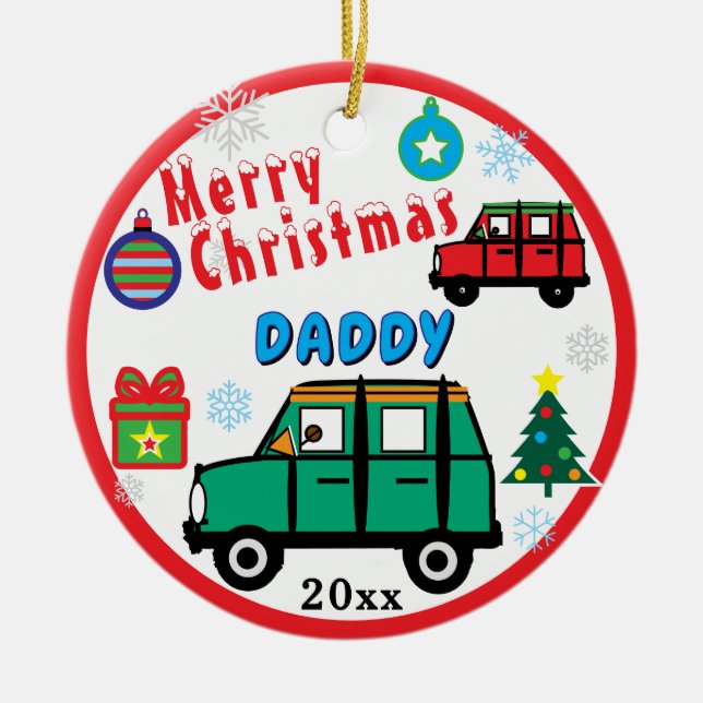 Ornamento De Cerâmica Merry Christmas Daddy Kids PHOTO Green Car (Frente)