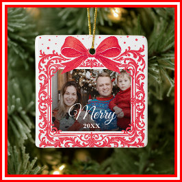 Ornamento De Cerâmica Merry Christmas Elegant Bow Present Photo Collage