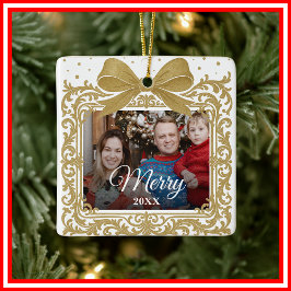 Ornamento De Cerâmica Merry Christmas Elegant Bow Present Photo Collage