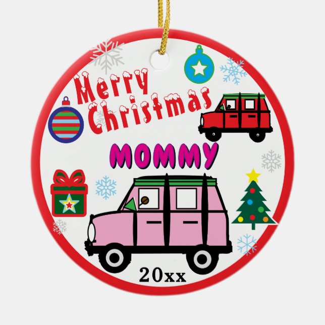 Ornamento De Cerâmica Merry Christmas Mommy Pink Car Kids PHOTO (Frente)