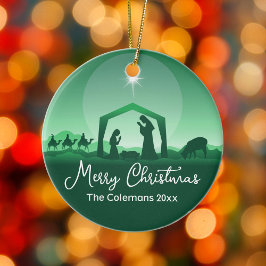 Ornamento De Cerâmica Merry Christmas Nativity Scene Green Religious