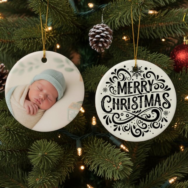 Ornamento De Cerâmica Merry Christmas Ornament - Elegant Black and Cream (Photo Christmas ornament
)