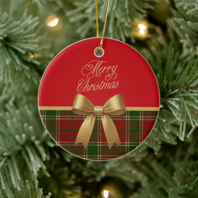 Ornamento De Cerâmica Merry Christmas Plaid Ornament with Gold Bow (Árvore)