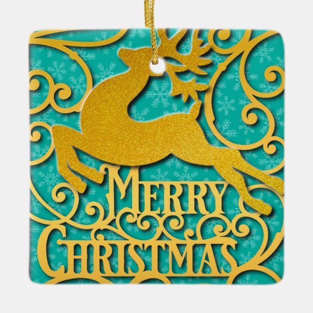 Ornamento De Cerâmica Merry Christmas Reindeer Silhouettes Snowflake (Frente)