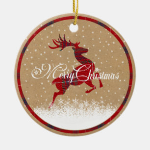 Ornamento De Cerâmica Merry Christmas Reindeer Tartan Red/Kraft ID590