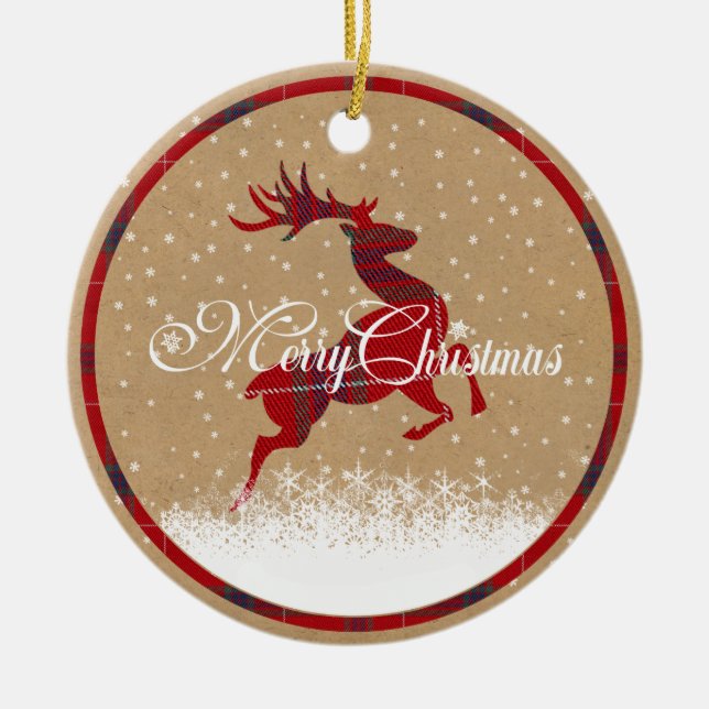 Ornamento De Cerâmica Merry Christmas Reindeer Tartan Red/Kraft ID590 (Frente)