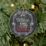 Ornamento De Cerâmica Merry Christmas Rustic Chalkboard Mistletoes Photo<br><div class="desc">'Wishing You A Very Merry Christmas' Colorful Greeting Typography Within A Scrolled Traditional Vintage Frame, Rustic Christmas Chalkboard With Mistletoes Photo Holiday Ornament. Designed by fat*fa*tin. Easy to customize with your own text, photo or image. For custom requests, please contact fat*fa*tin directly. Custom charges apply. www.zazzle.com/fat_fa_tin www.zazzle.com/color_therapy www.zazzle.com/fatfatin_blue_knot www.zazzle.com/fatfatin_red_knot www.zazzle.com/fatfatin_mini_me...</div>