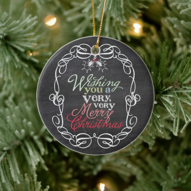 Ornamento De Cerâmica Merry Christmas Rustic Chalkboard Mistletoes Photo (Árvore)