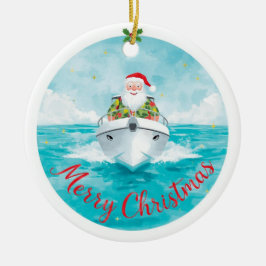 Ornamento De Cerâmica Merry Christmas Santa Sailing on a Yacht