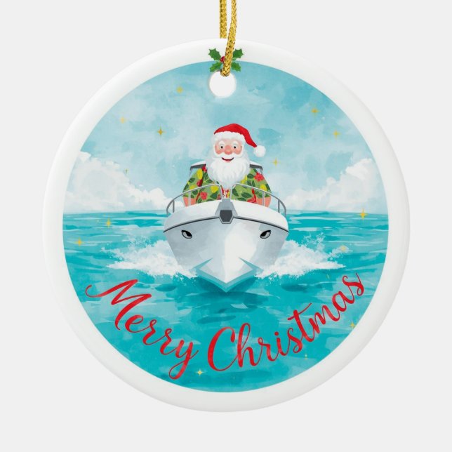Ornamento De Cerâmica Merry Christmas Santa Sailing on a Yacht (Frente)