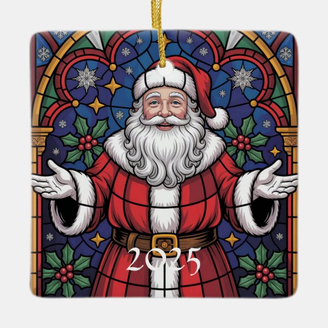 Ornamento De Cerâmica Merry Christmas Santa Stained Glass Design (Frente)