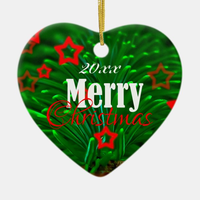 Ornamento De Cerâmica Merry Christmas Tree Branch and Stars (Frente)