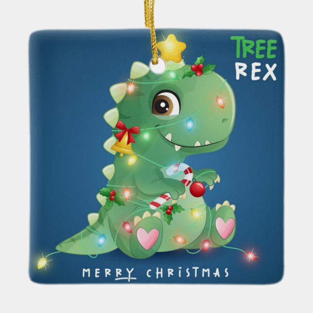 Ornamento De Cerâmica Merry Christmas Tree Rex Dinosaur (Frente)
