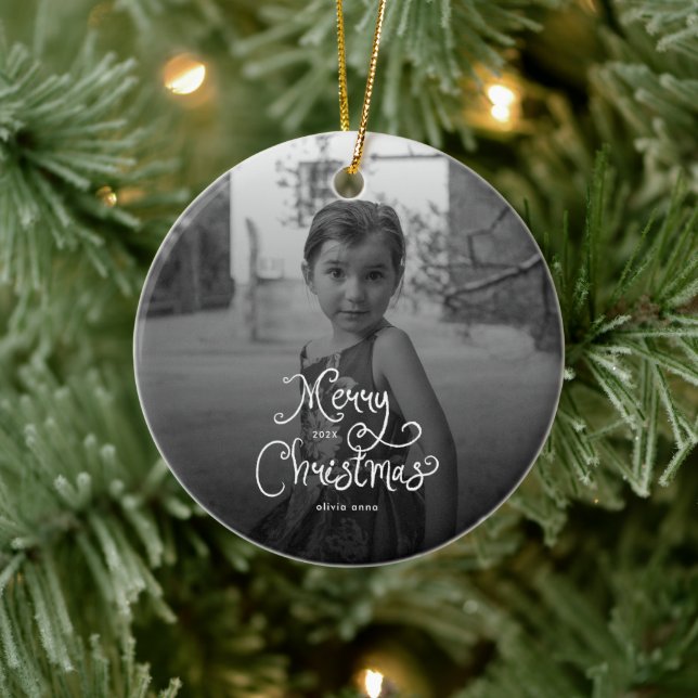 Ornamento De Cerâmica Merry Christmas Whimsical Script custom Photo Dog (Árvore)