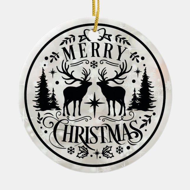 Ornamento De Cerâmica Merry Christmas wishes with Reindeers (Frente)