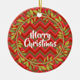 Ornamento De Cerâmica Merry Christmas Wreath e Chevron Retro