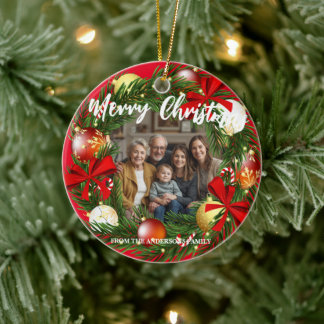 Ornamento De Cerâmica Merry Christmas Wreath Photo Personalized Family N
