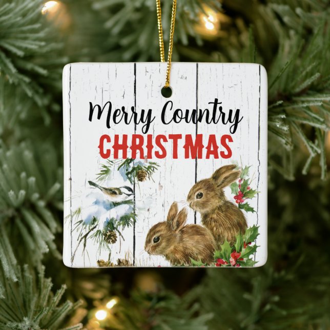 Ornamento De Cerâmica Merry Country Christmas Add a Name Ornament (Árvore)