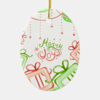 Ornamento De Cerâmica Merry Joy Christmas Greetings with Gifts Design