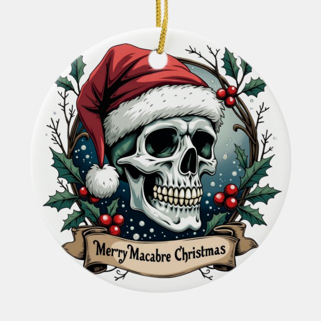 Ornamento De Cerâmica Merry Macabre Christmas Skull Ornament (Frente)