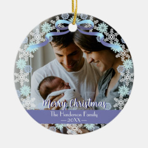 Ornamento De Cerâmica Merry Xmas Family Photo Name Light Blue Purple