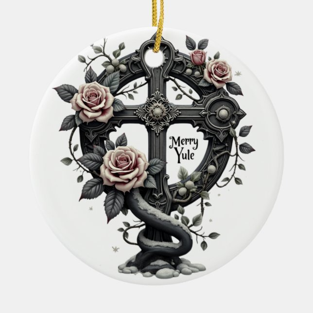 Ornamento De Cerâmica Merry Yule Gothic Cross Ornament (Frente)