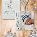 Ornamento De Cerâmica Meu Floco de Foto Vertical de Script de Natal de 1<br><div class="desc">Meu primeiro ornamento fotográfico de Natal com foto vertical, caligrafia elegante e flocos de neve brancos delicados em uma borda de cinza prateada. O modelo de foto está pronto para você adicionar sua foto, nome do bebê, o ano e seu texto personalizado no verso. Com exceção do texto manuscrito usado...</div>