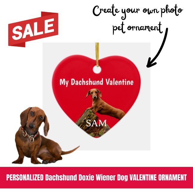 Ornamento De Cerâmica Meu Namorados Dachshund Red Photo Name (Personalized Doxie Valentine Ornament)