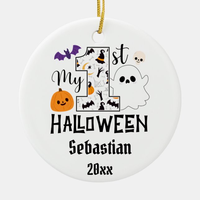 Ornamento De Cerâmica meu primeiro bebê de halloween com nome personaliz (Frente)
