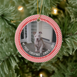 Ornamento De Cerâmica Meu Primeiro Cachorro de Natal Pet Vermelho Gingha