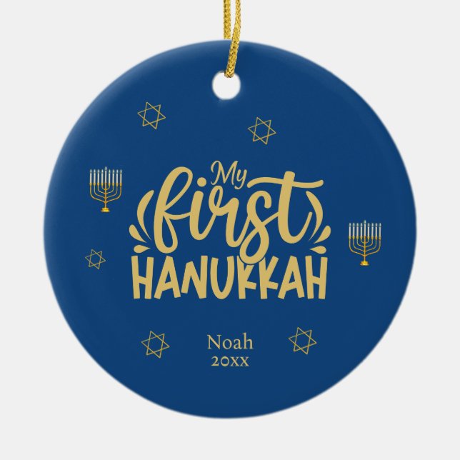 Ornamento De Cerâmica Meu Primeiro Chanucá Azul, Estrela, Menorah (Frente)