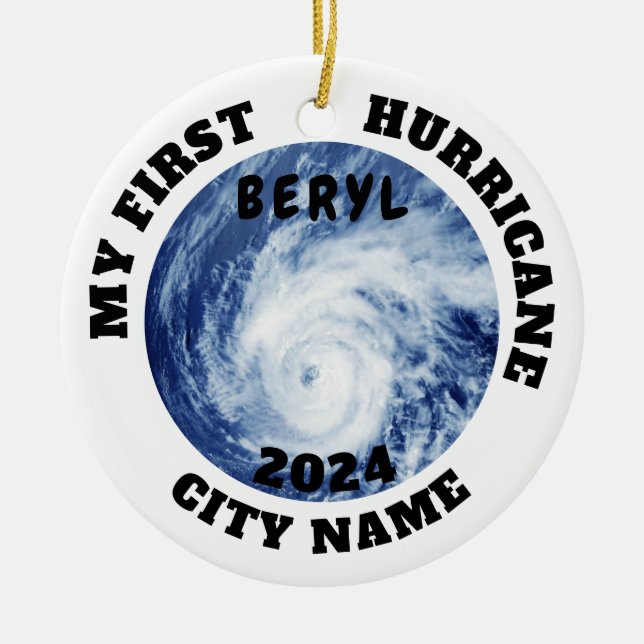 Ornamento De Cerâmica Meu Primeiro Furacão Beryl Custom City Name (Frente)