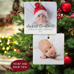Ornamento De Cerâmica Meu Primeiro Natal 2 Fotografias Script Baby<br><div class="desc">Meu Primeiro Natal 2 Fotos Escrevem Bebê ou Nome do Menino e Ano. presente de manutenção do excelente. Um roteiro lúdico para o Meu Primeiro Natal e fácil de personalizar com o nome do seu bebê e o ano e substituir as fotos de cada lado por seus próprios favoritos. Na...</div>