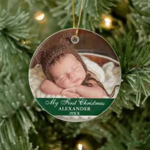 Ornamento De Cerâmica Meu Primeiro Natal, Baby Photo Green