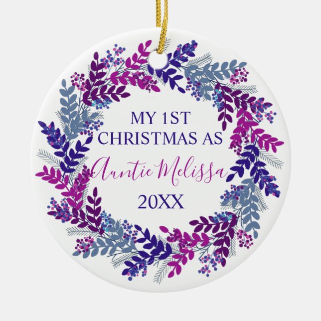 Ornamento De Cerâmica Meu Primeiro Natal como Tia Ano Roxo (Frente)