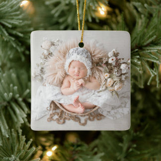 Ornamento De Cerâmica Meu Primeiro Natal em Caligrafia Elegante Bege Fot