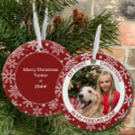 Ornamento De Cerâmica Meu Primeiro Natal | Foto Flocos de neve vermelhos<br><div class="desc">Meu primeiro ornamento de Natal personalizado com sua foto e seu texto personalizado. Este ornamento de feriado é vermelho e decorado com flocos de neve brancos. Está escrito com "meu primeiro natal em minha casa para sempre" e você é bem-vindo a editar "em minha casa para sempre" para o texto...</div>