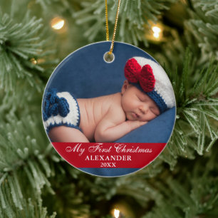 Ornamento De Cerâmica Meu Primeiro Natal - Foto Vermelha