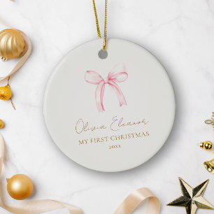 Ornamento De Cerâmica Meu Primeiro Natal Laço Rosa Bebê Menina Lembrança
