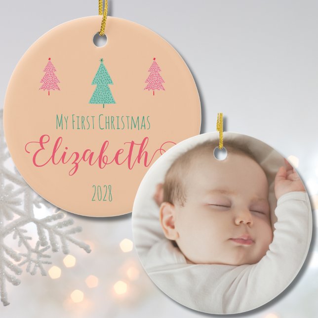 Ornamento De Cerâmica Meu Primeiro Natal Nome Personalizado para Bebê e  (My First Christmas Baby-Personalized Name & Year Ceramic Ornament)