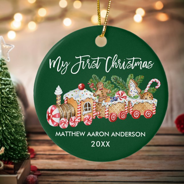 Ornamento De Cerâmica Meu Primeiro Natal Pão de Gengibre Comboio Verde (Baby's First Christmas Candy Cane Train Ornament)
