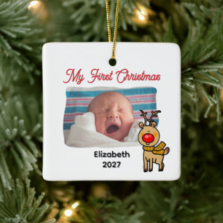 Ornamento De Cerâmica Meu Primeiro Natal Renas Fofo Foto Personalizada