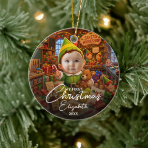 Ornamento De Cerâmica Meu Primeiro Natal Santas Pequeno Ajuda Foto