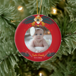 Ornamento De Cerâmica Meu primeiro natal vermelho com foto personalizada