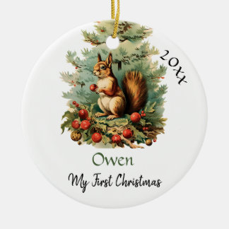 Ornamento De Cerâmica Meu Primeiro Nome De Bebê De Esquilo De Natal